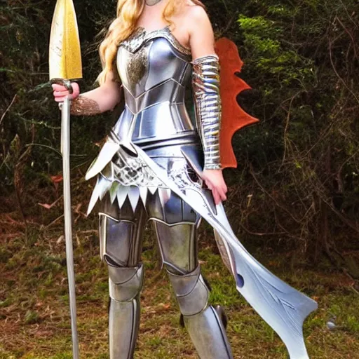 Prompt: full body photo of a beautiful fairy warrior with sparkling armour