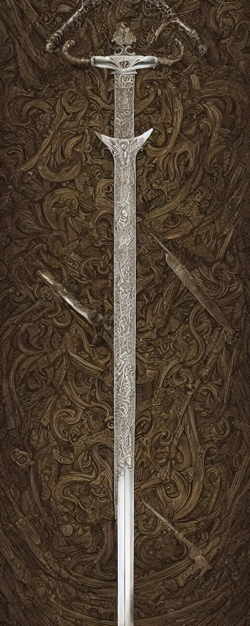 Image similar to sword of justice hanging on a wall, ornate gem in pommel, engraved blade, serrated point, herringbone floor, low angle, museum display, greg rutkowski