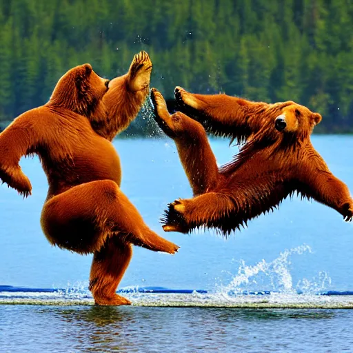 Prompt: kodiak bears kung - fu fighting on a lakefront using salmon as weapons, in the style of the flinstones,