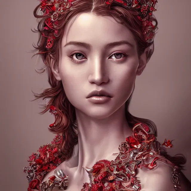 Image similar to studio portrait of absurdly beautiful, elegant, young woman made of rubies, ultrafine hyperrealistic detailed face illustration by kim jung gi, irakli nadar, intricate linework, sharp focus, bright colors, matte, octopath traveler, final fantasy, unreal engine highly rendered, global illumination, radiant light, intricate environment