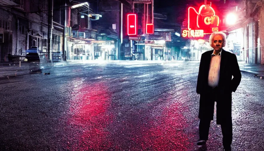 Prompt: hyper-realistic 2010s movie still of Giovanni Falcone in a street a night, by Paolo Sorrentino, Cinestill 800t 35mm, beautiful color, high quality, neon billboards and streetlight, rain, lens flare