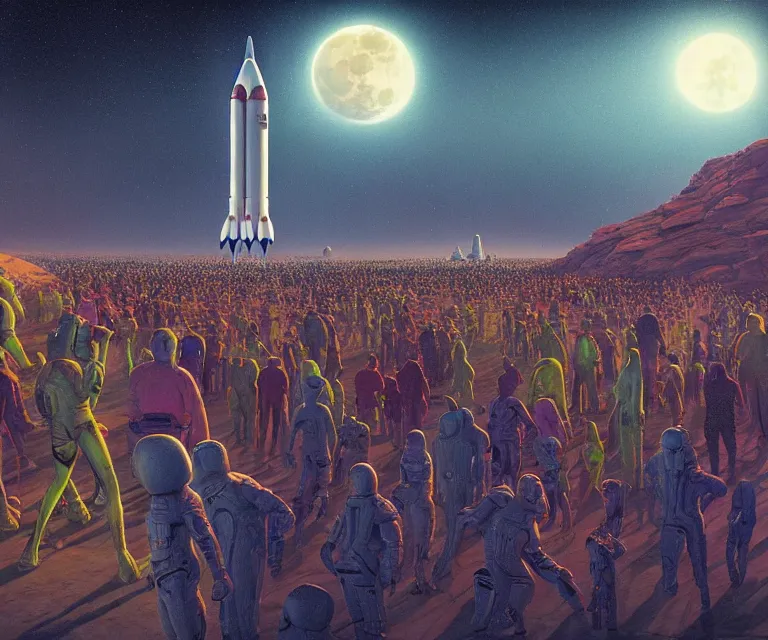 Prompt: hyper detailed 3d render like a Oil painting - crowds gather at a spaceport on a beautiful faraway planet to watch a rocket launch, large moon in the dramatic starry alien sky, retrofuturistic science fiction vibe, by P. Craig Russell and Barry Windsor-Smith, Houdini algorithmic generative render, Abstract brush strokes, Masterpiece, Alfred Charles Parker, Edward Hopper, Wes Anderson, Rolf Armstrong, Tim Doyle, Greg Hildebrandt, Jeremiah Ketner, Tim Okamura, Osamu Tezuka, Tom Whalen, Chip Zdarsky, hints of Coles Phillips, octane render, 8k