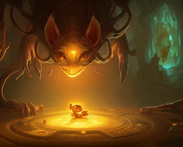 Image similar to a 4 k cinematic screenshot still portrait of a gremlin in a dark liminal space room surrounded by amber glow, deep focus, d & d, fantasy, intricate, elegant, highly detailed, digital painting, art station, concept art, matte, sharp focus, illustration, dark fantasy style art, hearthstone, art by artgerm and greg rutkowski and alphonse mucha