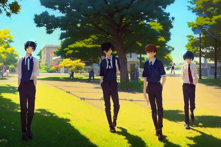 Image similar to boy's love anime high school spring noon scene, high detail concept art, perfect proportions fine face, tall handsome guys, close together romantic undertones, avant designer uniform, vivid colors, realistic shaded lighting poster fantasy art ilya kuvshinov, kyoani, katsuhiro, jeremy lipking and michael germash, makoto shinkai, loish, best selling artist