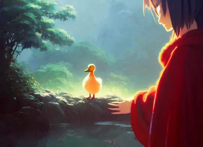 Image similar to cute fluffy mallard duck wearing red cultist robe, details, fantasy, epic, sacrificial altar, landscape illustration concept art anime key visual trending pixiv fanbox by wlop and greg rutkowski and makoto shinkai and studio ghibli and kyoto animation symmetrical facial features