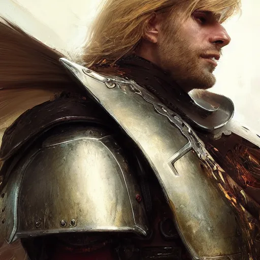 Image similar to portrait of a big, long haired blonde man with a mechanical left arm, wearing a brown leather armor, DnD, fantasy, digital art by Ruan Jia