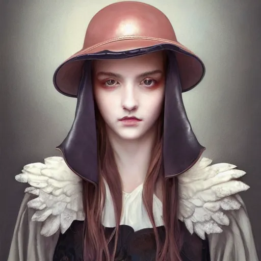 Prompt: A masterpiece portrait of a Incredibly beautiful angel queer girl with piercing and tatoo in leather nun hat. Incredible light. light night, artstation Masterpiece. Angel. Angel wings. light cute blush on face. medium shot, intricate, elegant, highly detailed. trending on artstation, digital art, by Stanley Artgerm Lau, WLOP, Rossdraws, James Jean, Andrei Riabovitchev, Marc Simonetti, Yoshitaka Amano. background by James Jean and Gustav Klimt, light by Julie Bell, 4k, porcelain skin. Octane render. epic dark fantasy.