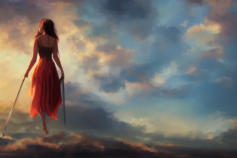 Image similar to back shot of one single beautiful girl in sundress gazing back, holding two swords, digital art by wlop. artstation contest winner, cinematic paint. lower shot. dramatic cloud in background. sunset