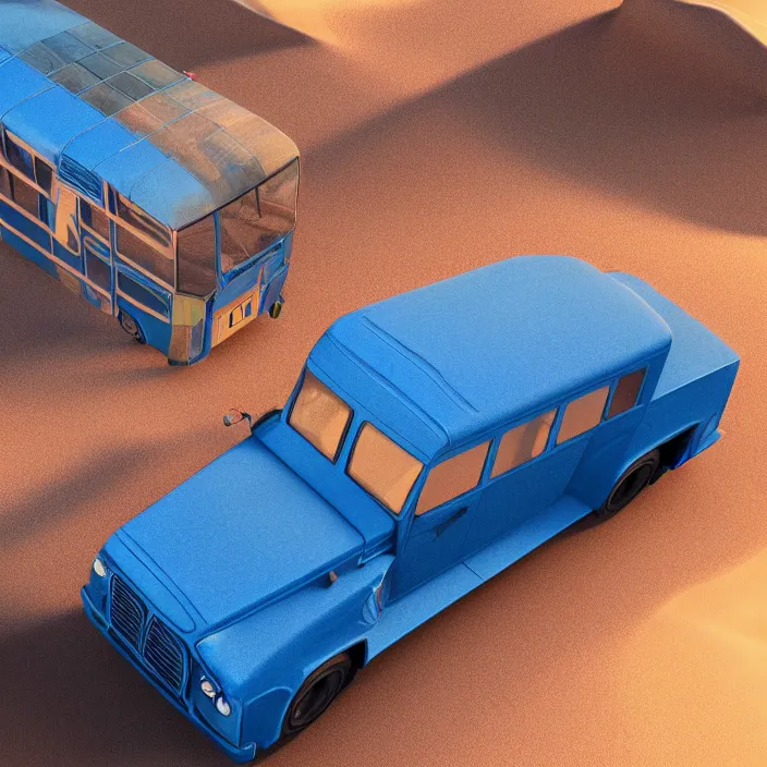 Prompt: Blue bus never stopping, always driving. intricate artwork. in desert, octane render, trending on artstation, very coherent symmetrical artwork. cinematic, hyper realism, high detail, octane render, 8k, iridescent accents
