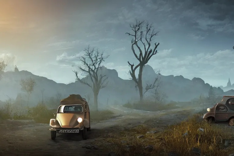 Image similar to offroad citroen 2 cv ( 1 9 6 5 ) driving across the rift, riften city in the background, epic fantasy, autumn, the elder scrolls v : skyrim, dramatic lighting, establishing shot, by simon stalenhag