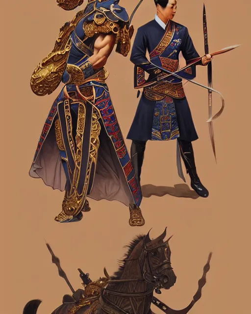 Image similar to suit up man and chinese ancient warrior back to back, decorated with opera motifs, traditional chinese art, intricate, elegant, highly detailed, digital painting, artstation, concept art, smooth, sharp focus, illustration, art by artgerm and greg rutkowski and alphonse mucha, 8 k