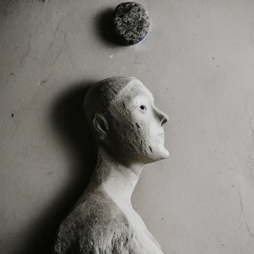 Image similar to a lady made out of stone and metal sits on a bed, full body, 5 0 mm lens, f 1. 4, sharp focus, ethereal, emotionally evoking, head in focus, volumetric lighting, 8 k