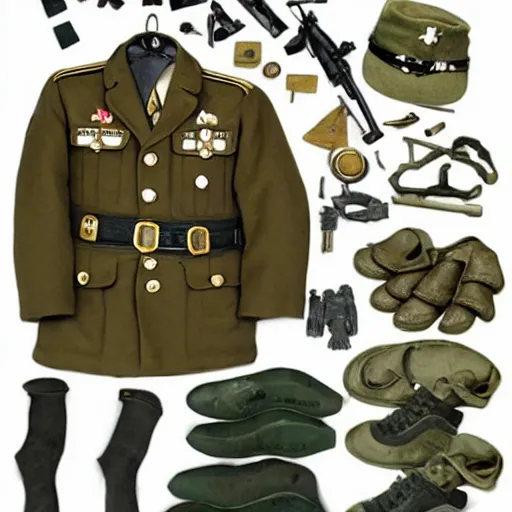 Prompt: a knolling of a ww ii soldier