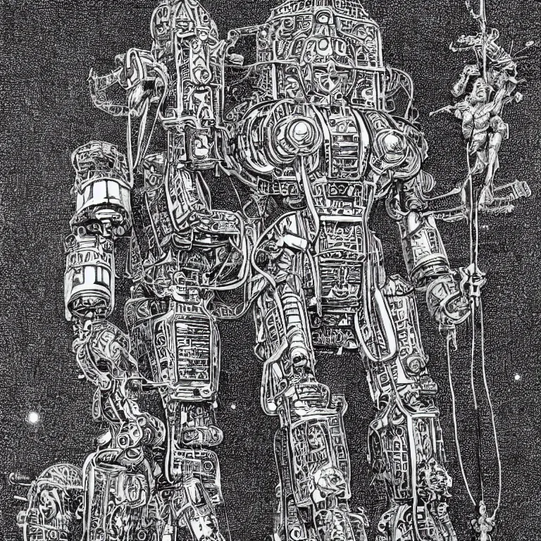 Prompt: A detailed engraving of a giant hindu robot god in the style of virgil finlay. (1955)