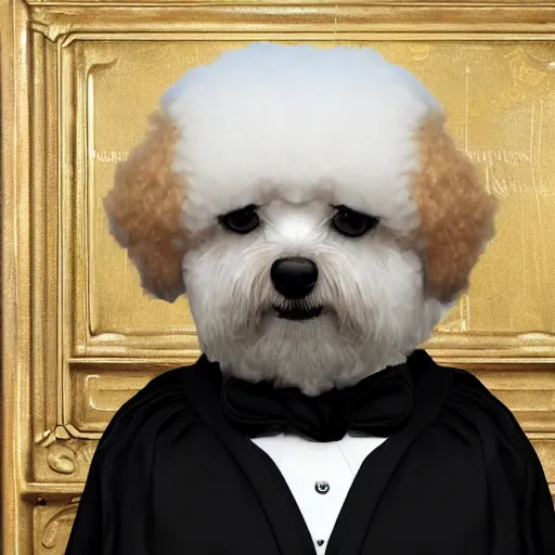 Image similar to a closeup photorealistic illustration of a smiling bichon frise judge wearing a black gown at the bench and commanding the courthouse. this 4 k hd image is trending on artstation, featured on behance, well - rendered, extra crisp, features intricate detail and the style of unreal engine.