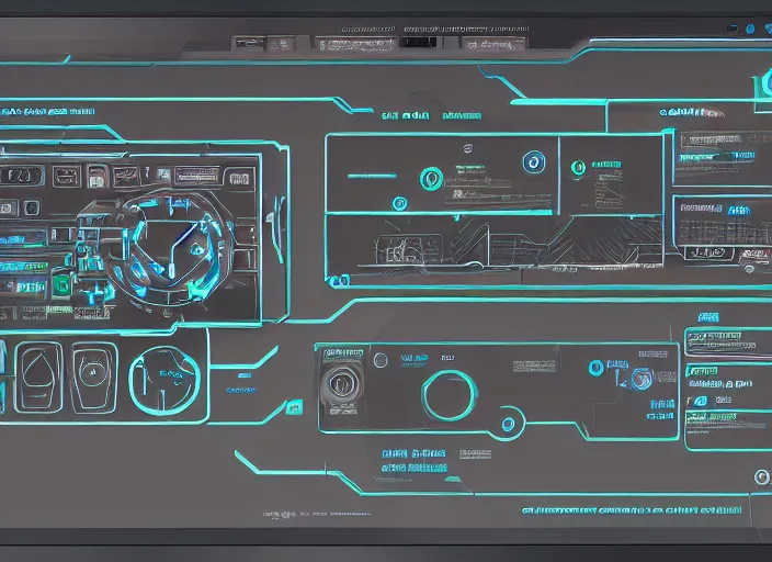 Image similar to cyberpunk graphics user interface ( gui ) depicting operational controls of a mech robot. design by mark coleran or jayse hansen