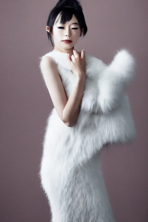 Image similar to full body aesthetic photograph of a beautiful young japanese woman wearing furry white cat ears, by Nick Knight, headshot, realistic, photorealistic, HD, 4k resolution