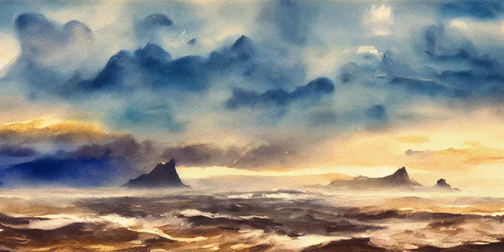 Image similar to a beautiful painting of iceland, storm clouds gathering over the sea, by studio ghibli 8 k pastel colours, smeared watercolours, golden light film grain