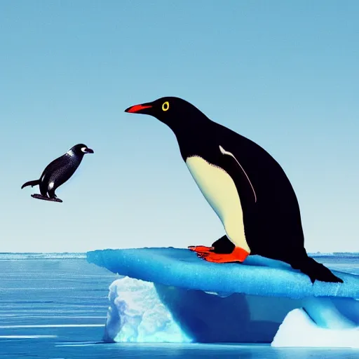 Image similar to penguin surfing on a big eave using an ice floe as surfboard, trending on artstation