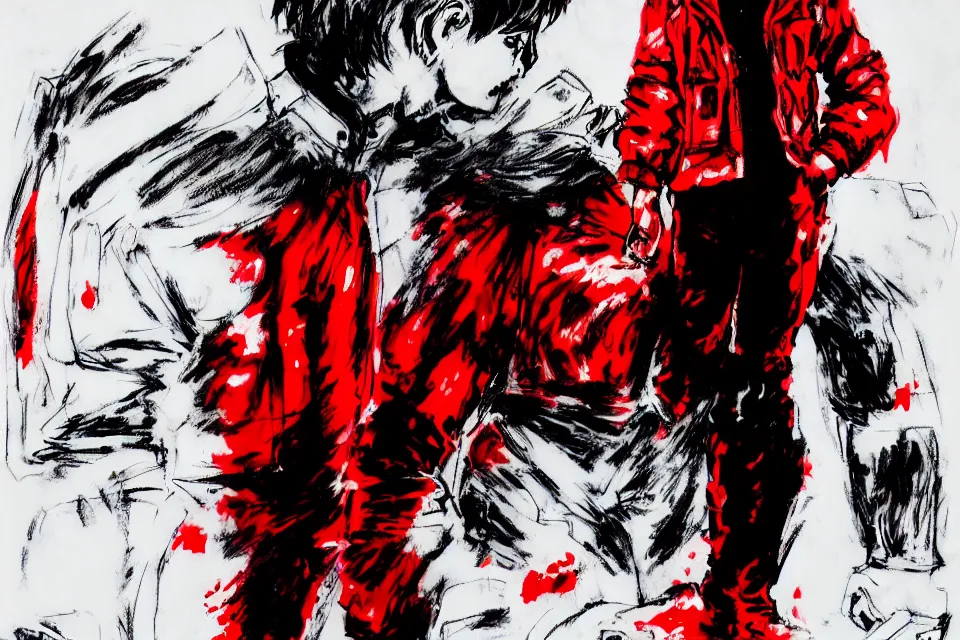 Prompt: a full - body portrait of kaneda from akira in a red jacket, in yoji shinkawa's art style, metal gear solid art style highly detailed, 4 k, artistic, white background, b & w