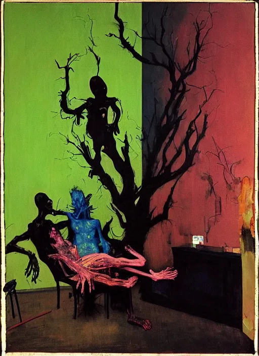 Prompt: two dark figures laughing and a glowing child inside a decayed contemporary living room with large tree in the style of Francis Bacon and Zdzislaw Beksinski, Edward Hopper and Norman Rockwell, highly detailed, very coherent, triadic color scheme