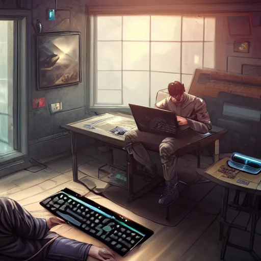 Image similar to realistic man using laptop in gaming room, artstation trends, sci fi concept art, highly detailed, intricate, sharp focus, digital art, 8 k