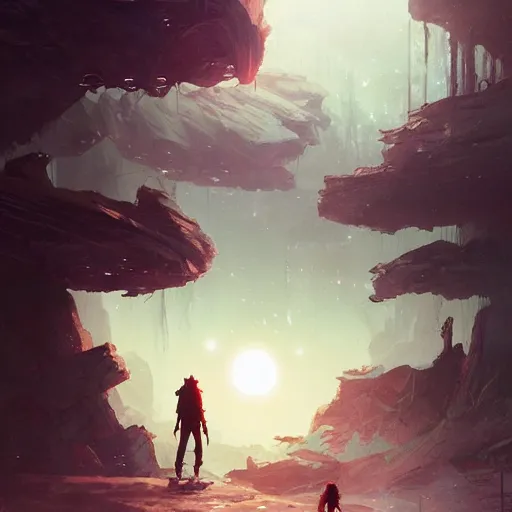 Image similar to weary traveller wandering through an alien world, by greg rutkowski, artgerm, ross tran, conrad roset, takato yomamoto, ilya kuvshinov. 4 k, beautiful, cinematic dramatic atmosphere