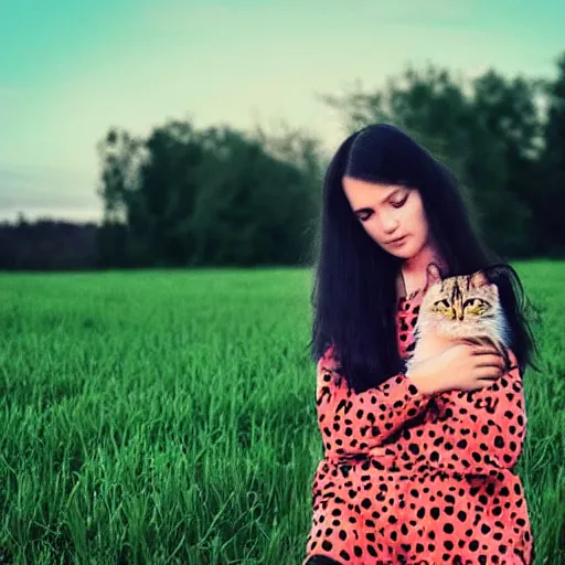 Prompt: a woman with long dark hair holding a cat in her arm standing on steps in a field at night, a hologram by kusama, instagram, optical illusion, full body, ultra hd, neon, pexels contest winner, high quality photo, rtx, hd, shiny eyes