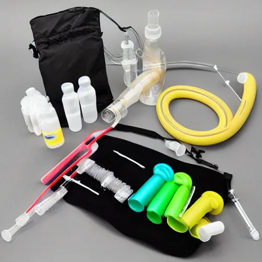 Image similar to music instrument similar to saxophone made out of clear tubing, syringes, urine collection bag, iv pole, fluid bag, nebulizer equipment