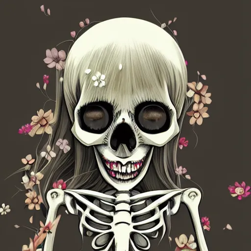 Image similar to manga fine details portrait of joyful skull girl skeleton, flowers. Death, anime by Studio Ghibli. 8k render, sharp high quality anime illustration in style of Ghibli, artstation