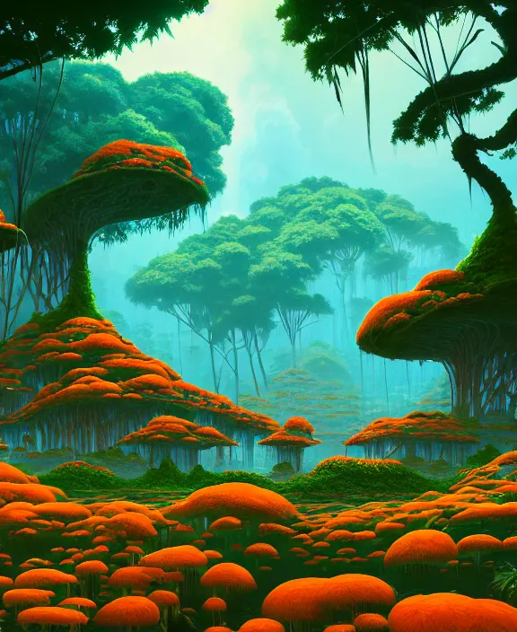 Image similar to simplicity, an simple structure made out of exotic fungus, overgrown with lush floral jungle, partly cloudy, hellscape, hell, fire, brimstone, lava, by dan mumford, yusuke murata, makoto shinkai, ross tran, cinematic, unreal engine, cel shaded, featured on artstation, pixiv