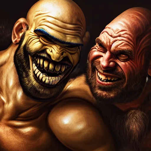 Image similar to intricate beautiful hyperreal portrait of grog strongjaw and pike trickfoot, smiling softly, casual clothes, relaxing on the couch, home interior, golden hour, close up shot, 8 k, art by irakli nadar, hyperrealism, hyperdetailed, ultra realistic