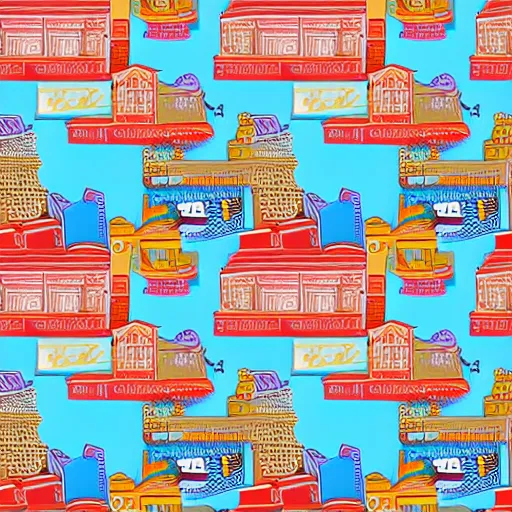 Image similar to fashion house hermes repeating pattern featuring cities and people vector illustration in style of anime realistic