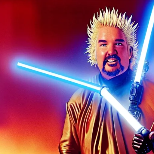 Prompt: Guy Fieri in Star Wars, Jedi Knight, blue light saber, desaturated!!!!, cinematic, cinestill 400t film, 35mm lens, by Stanly Kubrick, ultra high quality