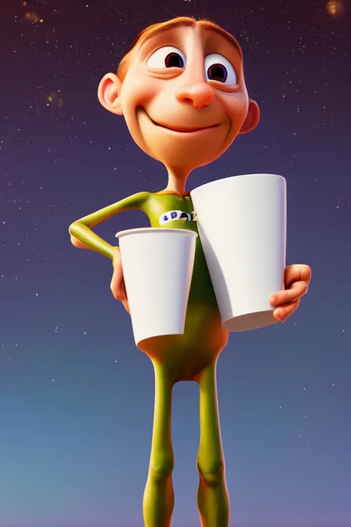 Image similar to portrait of a astronaut holding a cup of coffee with the space in background, full body. pixar disney 4 k 3 d render funny animation movie oscar winning trending on artstation and behance, ratatouille style