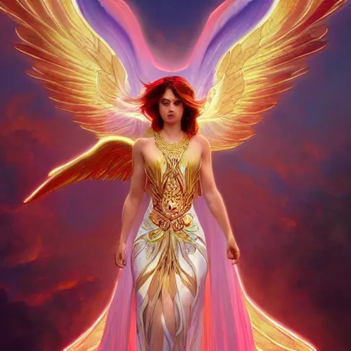 Image similar to a beautiful orchid phoenix angel woman, in an ornamented dress with large wings, volumetric light, god rays, 8 k high resolution, rubies, by greg rutkowski, artgerm, alphonse mucha