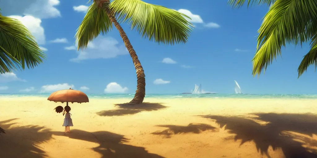 Prompt: a wholesome animation key shot of a focused palm tree swaying in the wind on a tropical beach, medium shot, waist up, studio Ghibli, Pixar and Disney animation, sharp, very detailed, high resolution, Rendered in Unreal Engine 5, anime key art by Greg Rutkowski, Bloom, dramatic lighting