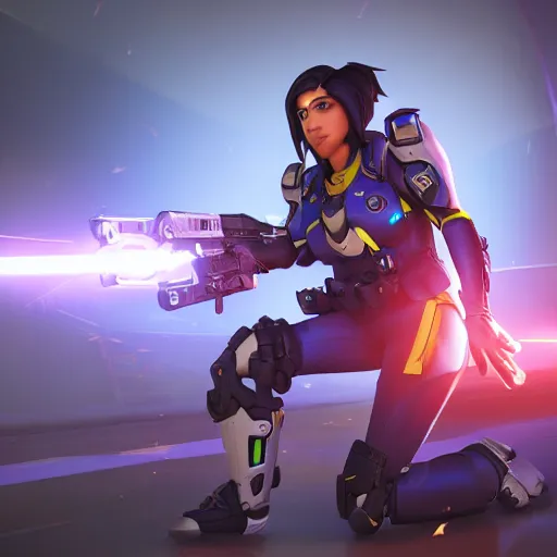 Prompt: A photo of Pharah from Overwatch wearing tactical swat gear. Cinematic lighting, cinematic pose, 8k, detailed