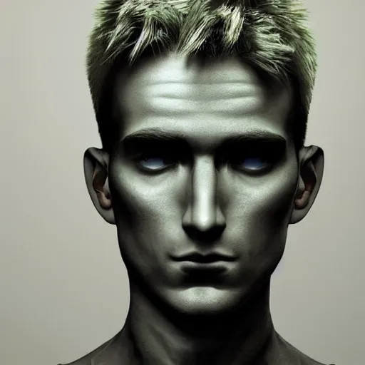 Prompt: “a realistic detailed photo of a guy who is an attractive humanoid who is half robot and half humanoid, who is a male android, twitch streamer Ninja Tyler Blevins, shiny skin, posing like a statue, blank stare, gaming room, eyes glitching”
