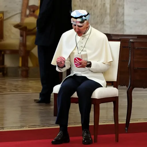 Image similar to joe biden soils his diaper and a white chair at the vatican,