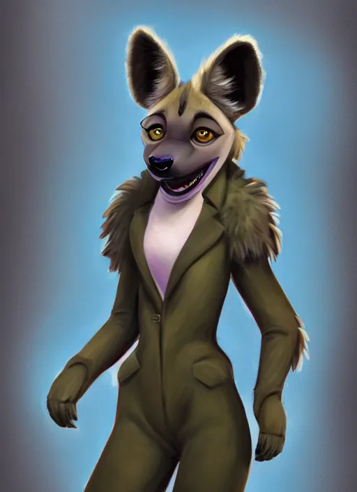 Image similar to oil painting detailed full body of anthromorphic female hyena, in style of zootopia, zootopia, zootopia, fursona, furry, furaffinity, 4 k, deviantart, furry art, fursona art, wearing black business suit, in style of zootopia, hyena fursona, cyberpunk, female, expressive, detailed feminine face,