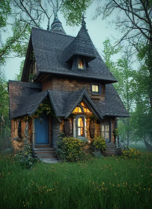 Image similar to hyper realistic homely ornate witch cottage architectural, in the woods gorgeous lighting, blue sky, highly detailed, lush forest architectural render, octane render, ue 5 raytraced