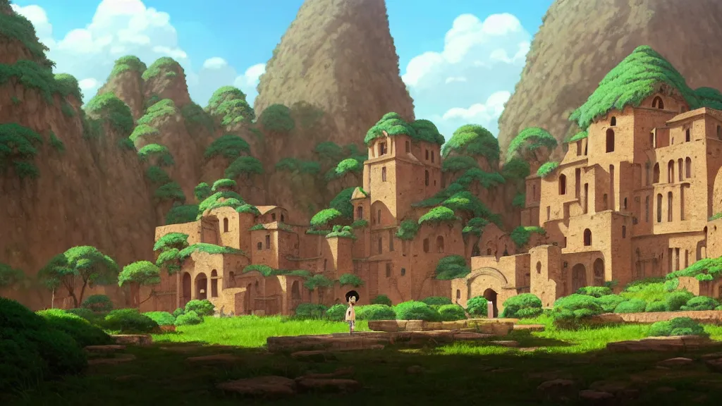 Image similar to ancient monastery ruins, studio ghibli, pixar and disney animation, sharp, rendered in unreal engine 5, highly detailed, digital painting, artstation, concept art, smooth, sharp focus, illustration, wide angle, artbook, wallpaper, splash art, promo art, dramatic lighting, art by artgerm and greg rutkowski and bo chen and jin xiaodi