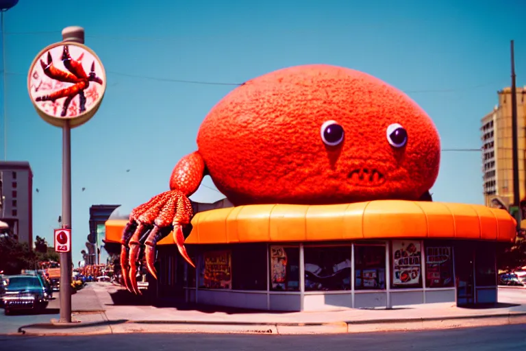 Prompt: 2 0 1 5 cute giant crab terrorizing a city, googie city, americana, fishcore, exterior photography, hd 8 k, photography cinestill