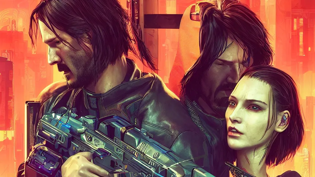 Image similar to a cyberpunk 2077 srcreenshot couple portrait of a Keanu Reeves and a female android,love,film lighting,by Laurie Greasley,Lawrence Alma-Tadema,Dan Mumford,John Wick,Speed,Replicas,artstation,deviantart,FAN ART,full of color,Digital painting,face enhance,highly detailed,8K,octane,golden ratio,cinematic lighting