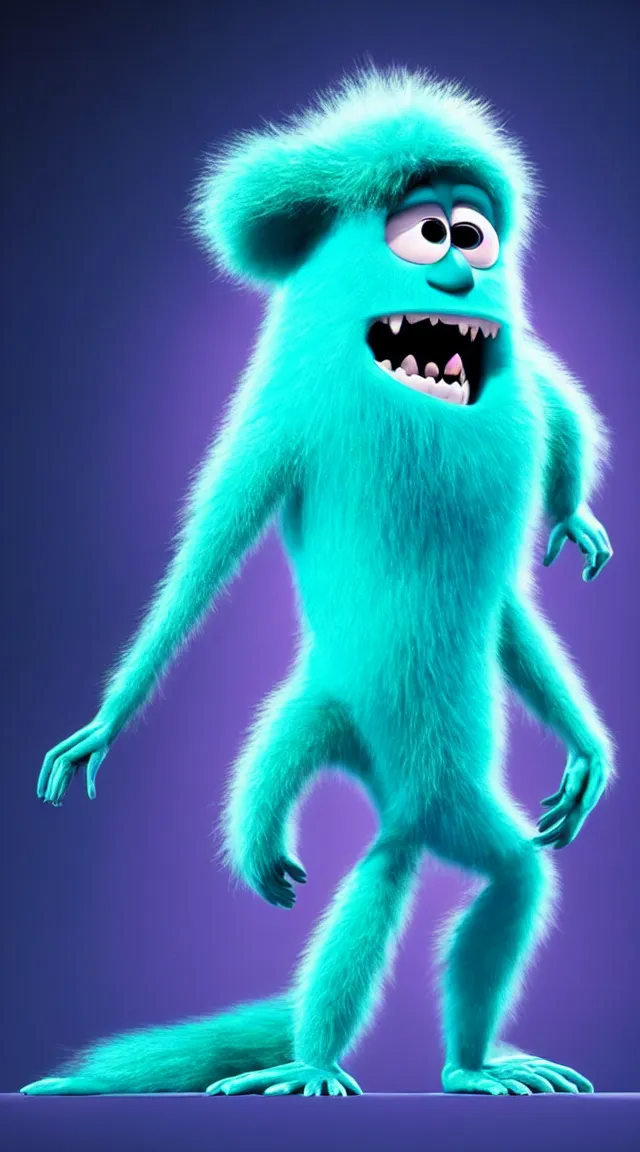 Prompt: a full studio shot of a deadly virus as a pixar character against a dark cyan backdrop. it is sinister yet friendly. hair, fur, fleshy, cute.