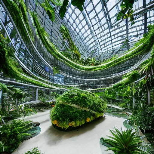 Prompt: stunning indoor jungle inside epic high technology biodome designed by zaha hadid, ultra detailed, highest quality, trending on artstation, polished minimalistic design, smooth organic forms, bio architecture, 8 k