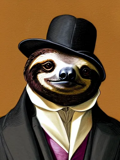 Prompt: portrait of a sloth wearing a victorian suit, regal, debonair, stylish, flowerpunk, rococo, baroque, academicism, digital art, concept art, character design, illustration