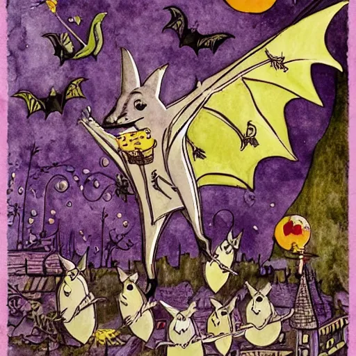 Prompt: bats picking up wishes for delivery at the Wish Factory, Wimmelbilder book by Brenda Haw, cut-away, find the hidden object, whimsical, cel-shaded, hyperdetailed, intricate, ArtStation