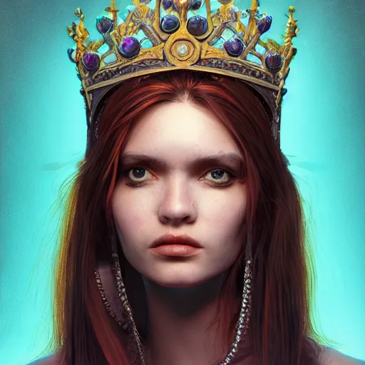 Prompt: a portrait of a chill cyberpunk princess wearing a crown, hyperdetailed, digital painting, trending on Artstation, CG society, hyperdetailed, digital painting, hypermaximalist, golden ratio, volumetric, octane render, weta digital, micro details, 3d sculpture